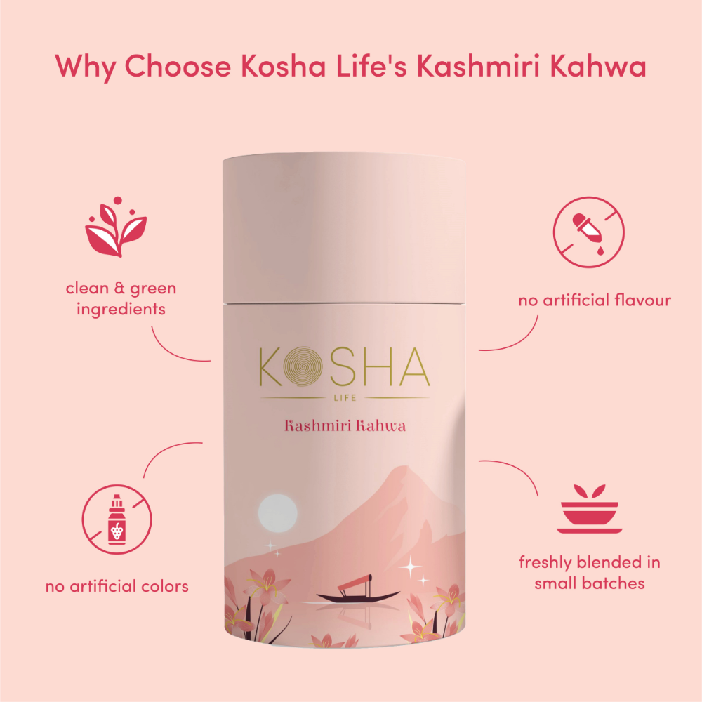 Kosha Life Kashmiri Kahwa Tea | Saffron, Almonds & Spices | Caffeine-Free | Digestion & Stress Relief | 50g