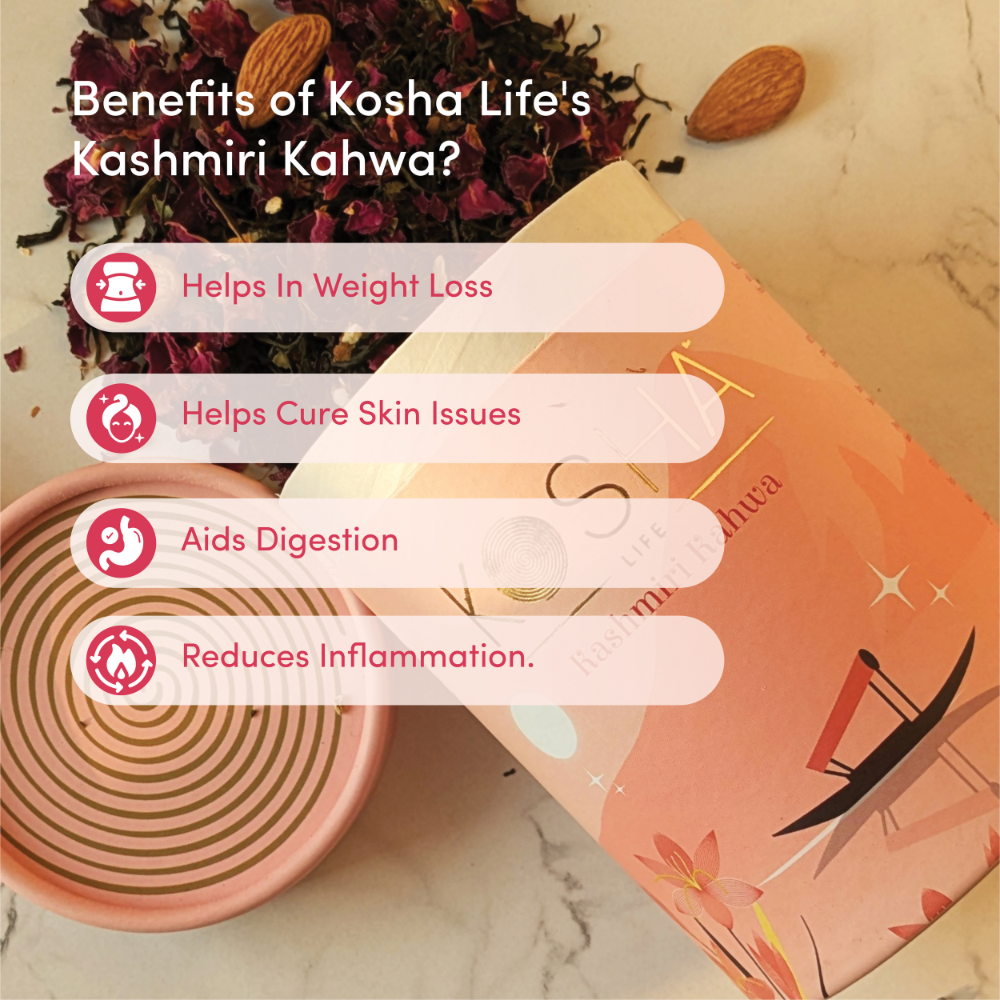 Kosha Life Kashmiri Kahwa Tea | Saffron, Almonds & Spices | Caffeine-Free | Digestion & Stress Relief | 50g
