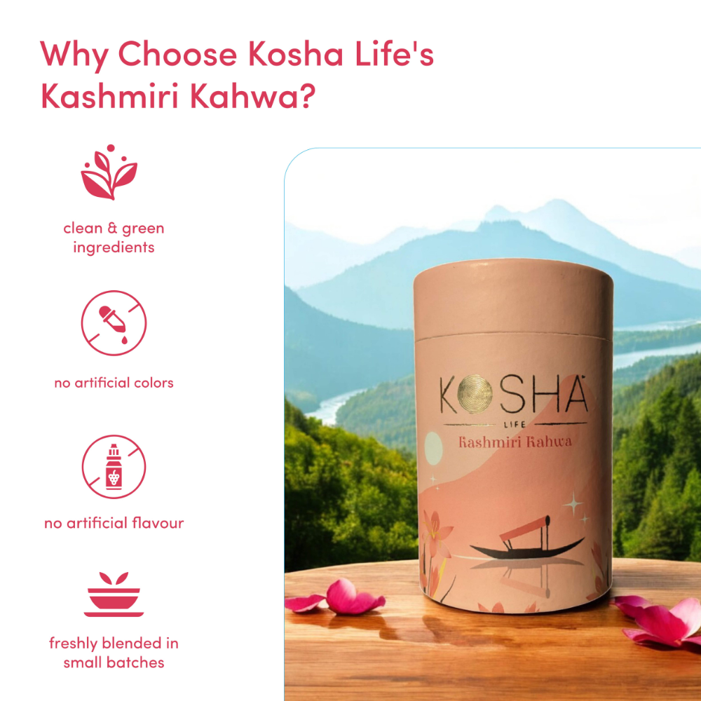 Kosha Life Kashmiri Kahwa Tea | Saffron, Almonds & Spices | Caffeine-Free | Digestion & Stress Relief | 50g