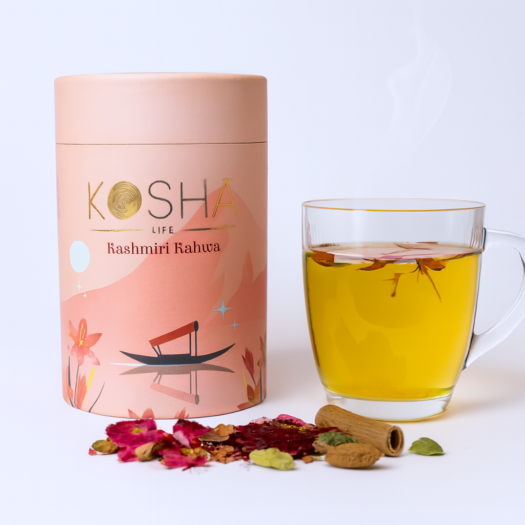 Kosha Life Kashmiri Kahwa Green Tea | Detox Herbal Tea with Saffron, Almonds & Spices | Caffeine-Free | Supports Digestion, Metabolism & Stress Relief | 50g